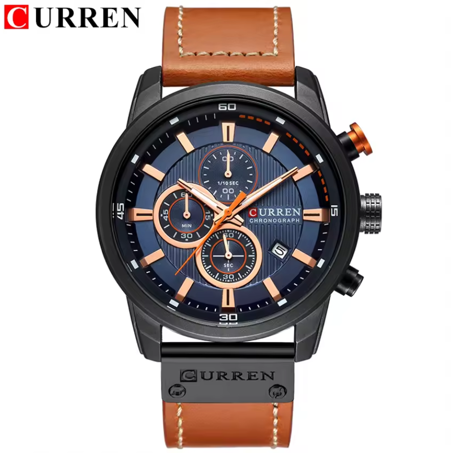 Montre Chronographe avec Bracelet en Cuir Véritable