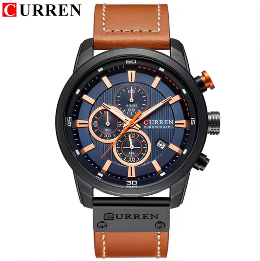 Montre Chronographe avec Bracelet en Cuir Véritable