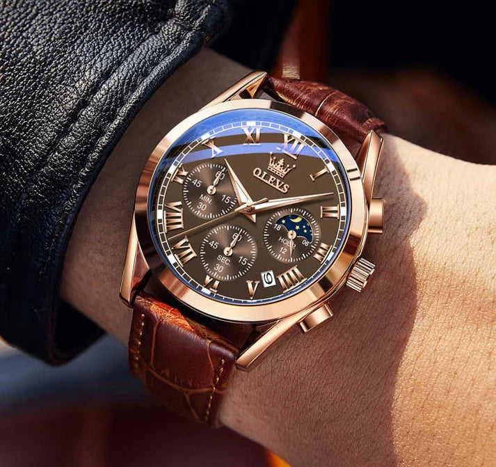 Montre en cuir véritable élégant multifonction