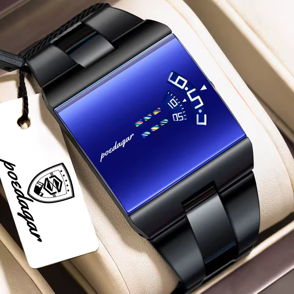 Montre rectangulaire élégante avec Bracelet en Acier Noir Inoxydable pour Hommes