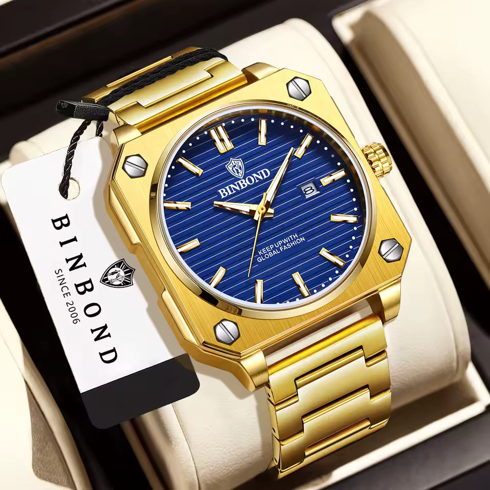 Montre Carrée Luxueuse et Élégante avec Bracelet en Acier Doré Inoxydable pour Hommes