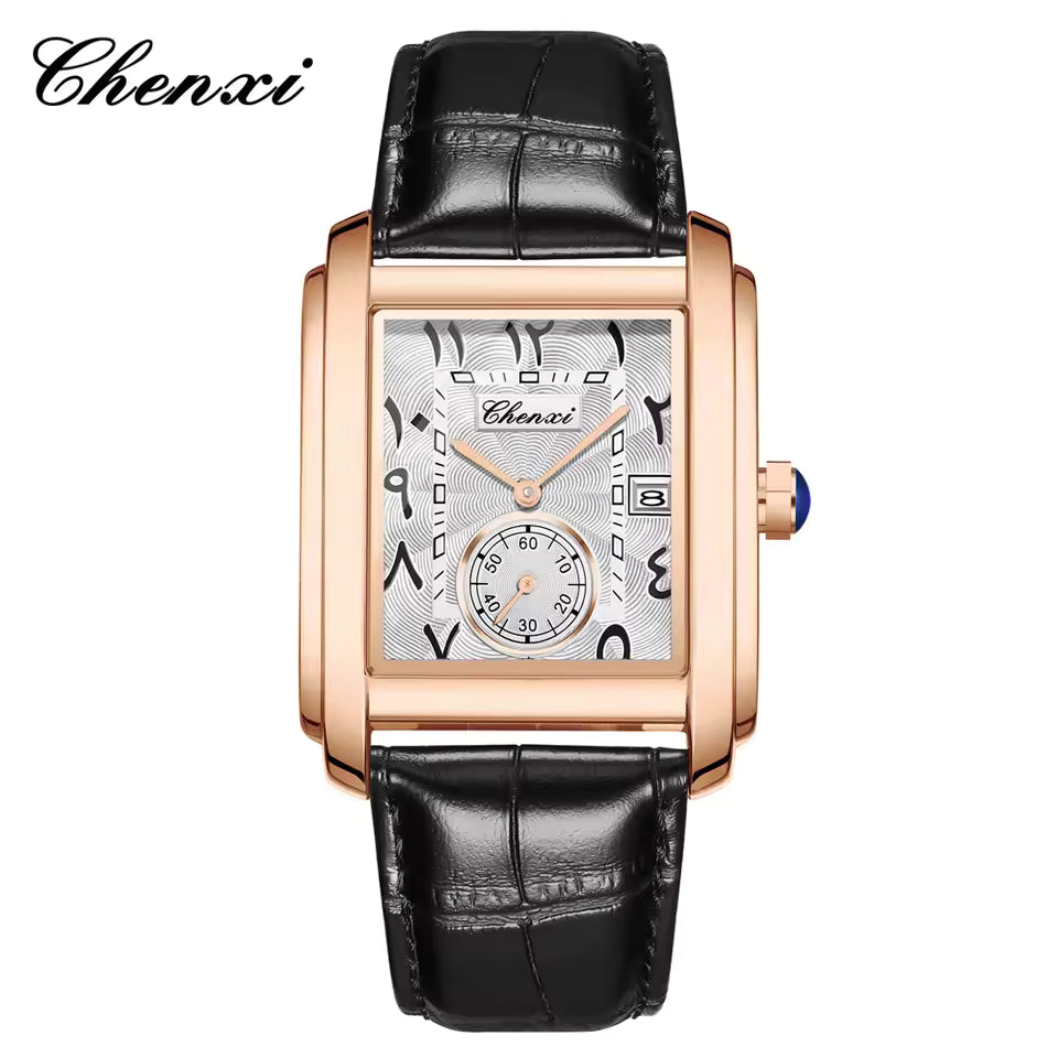 Montre Classique Carrée Élégante avec Bracelet en Cuir Véritable pour Hommes