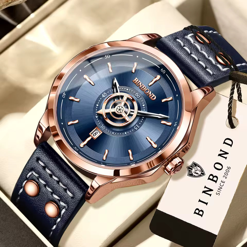 Montre Classique Élégante avec Bracelet en Cuir Véritable pour Hommes