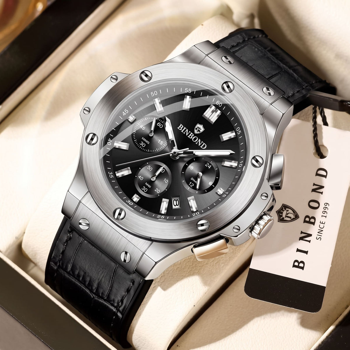 Montre Élégante et Multifonction avec Cadran Chronographe et Bracelet en Cuir pour Hommes