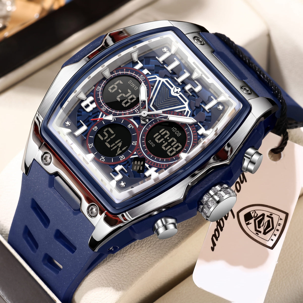 Montre Carrée Sportive avec Double Affichage et Bracelet en Silicone pour Hommes