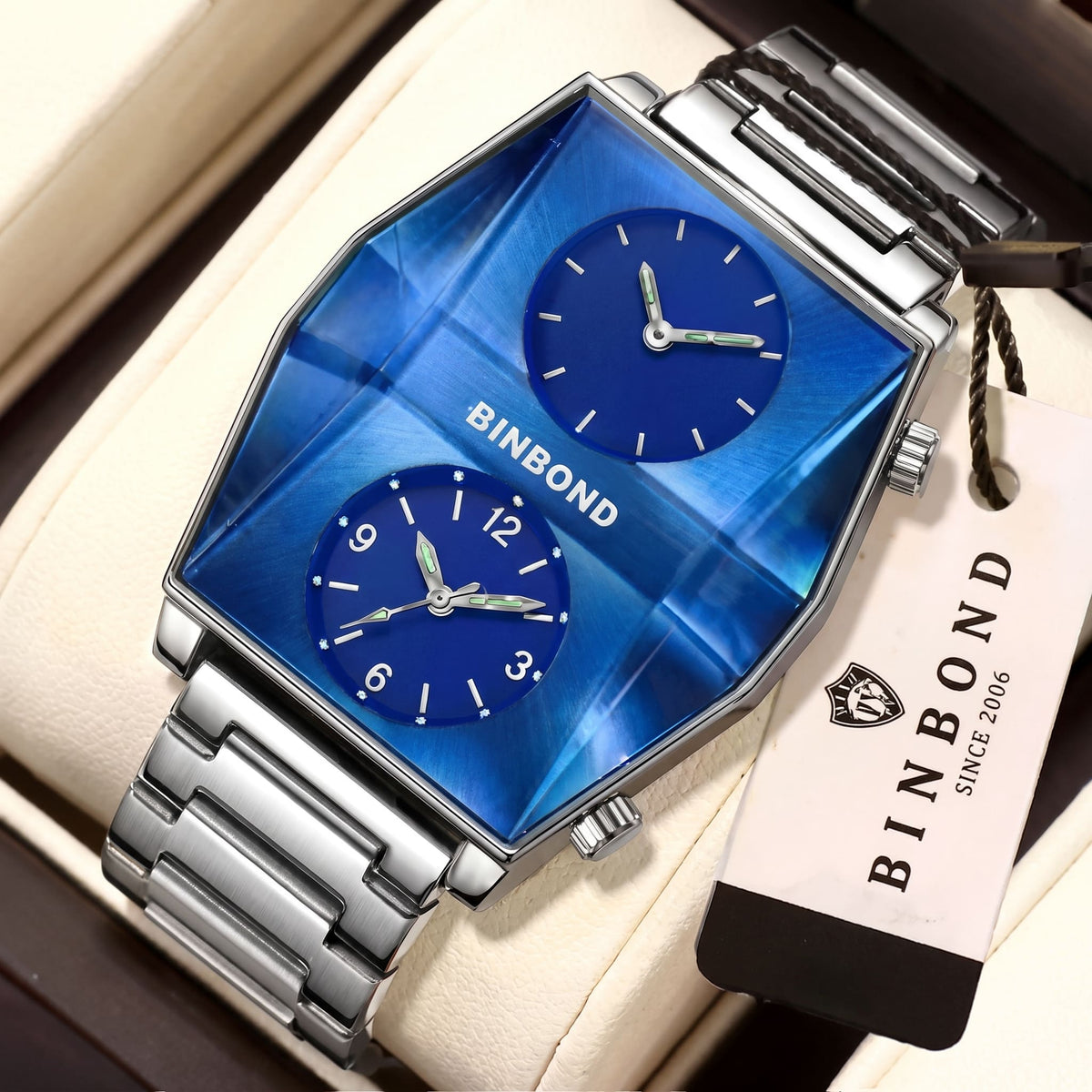 Montre Rectangulaire Raffinée avec Cadran Bleu et Bracelet en Acier Inoxydable