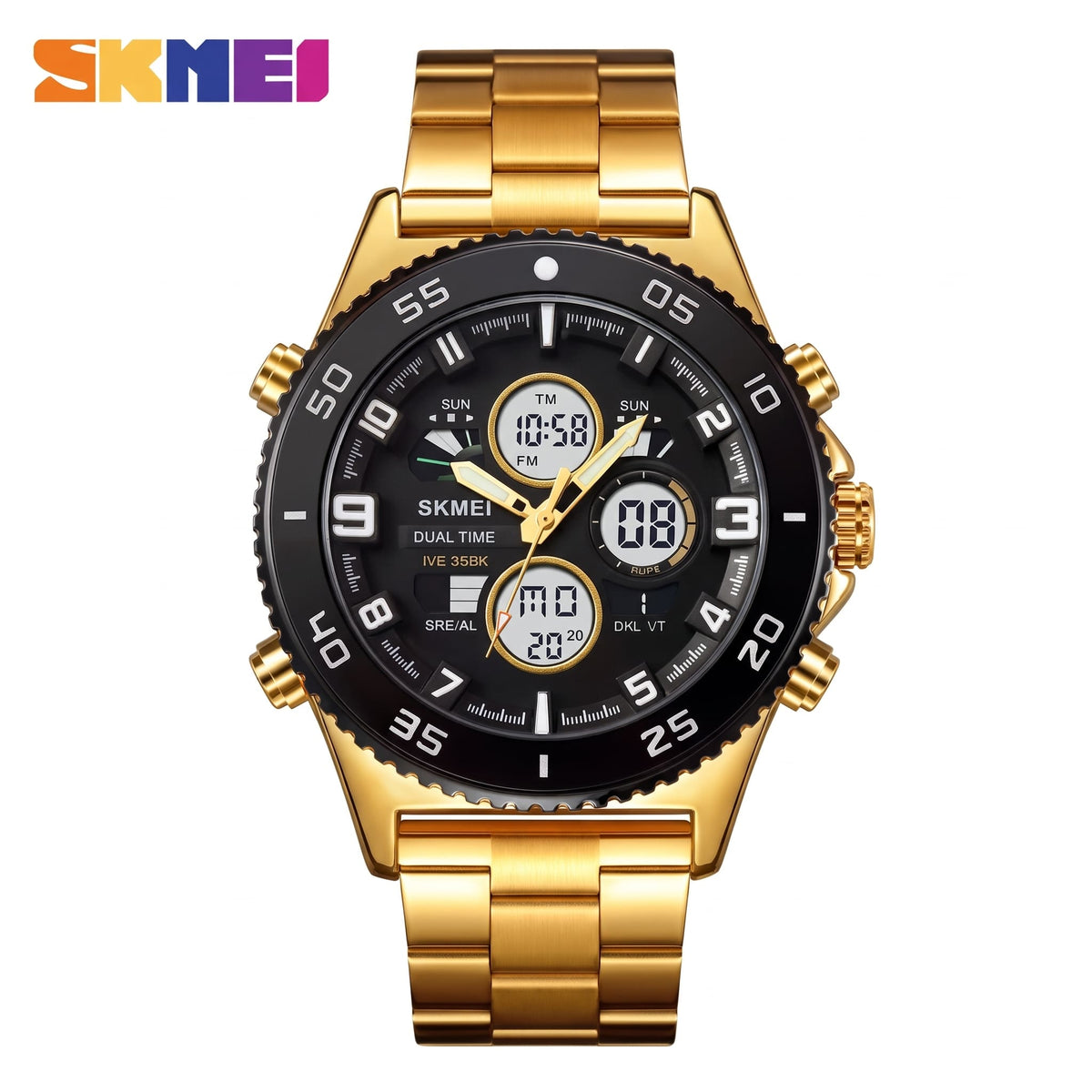 Montre Sportive Multifonction avec Bracelet en Acier Doré pour Hommes