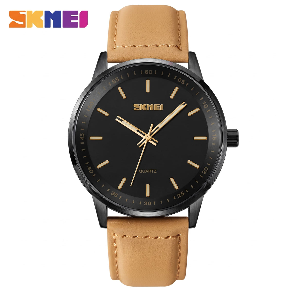 Montre Classique avec Cadran Noir, Détails Dorés et Bracelet en Cuir pour Hommes