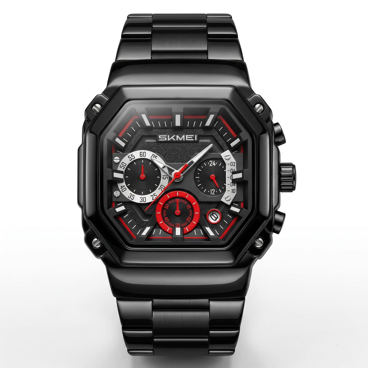 Montre Homme Sportive avec Cadran Octogonal et Bracelet Noir en Acier Inoxydable