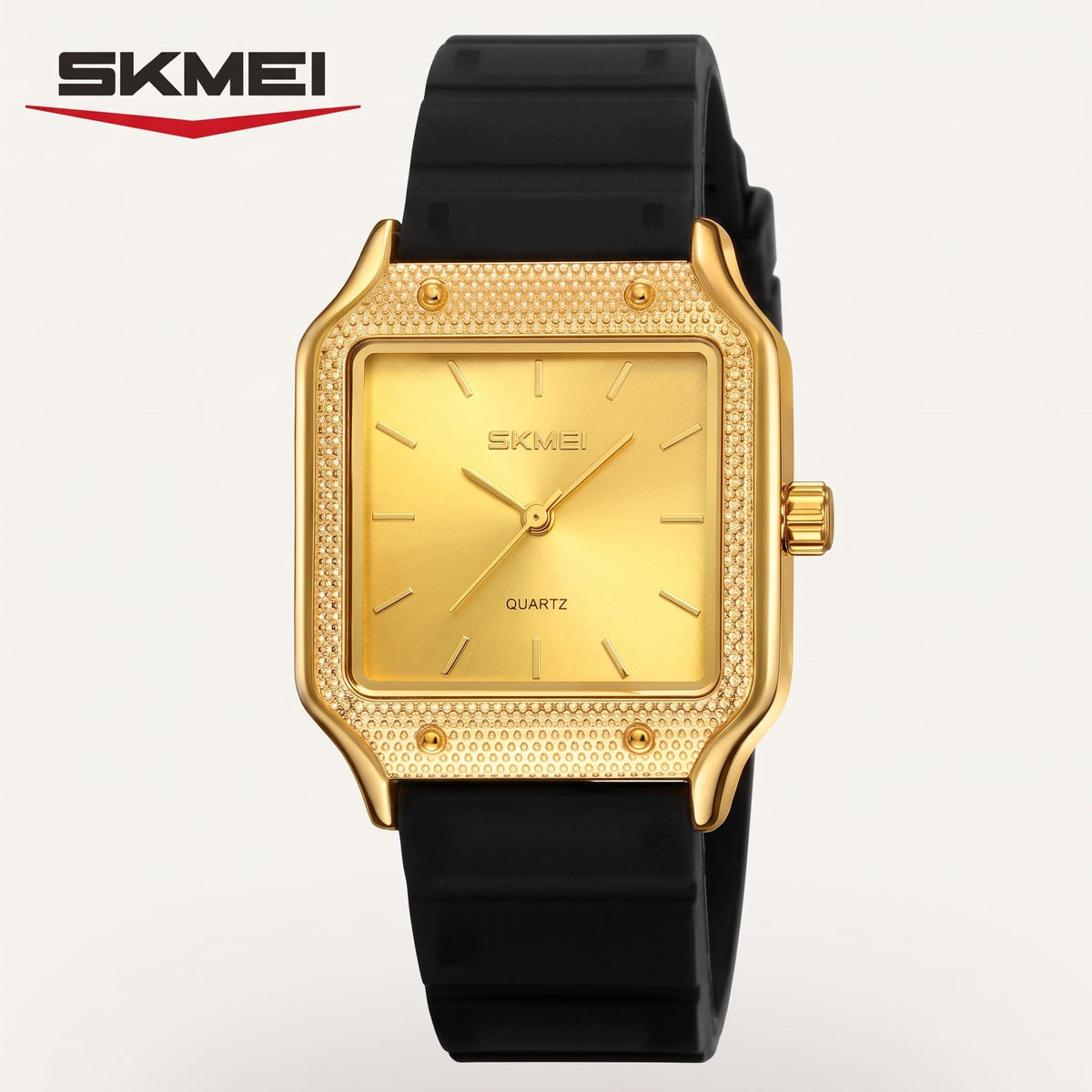 Montre Luxueuse avec Cadran Doré Rectangulaire et Bracelet Noir en Silicone pour Homme