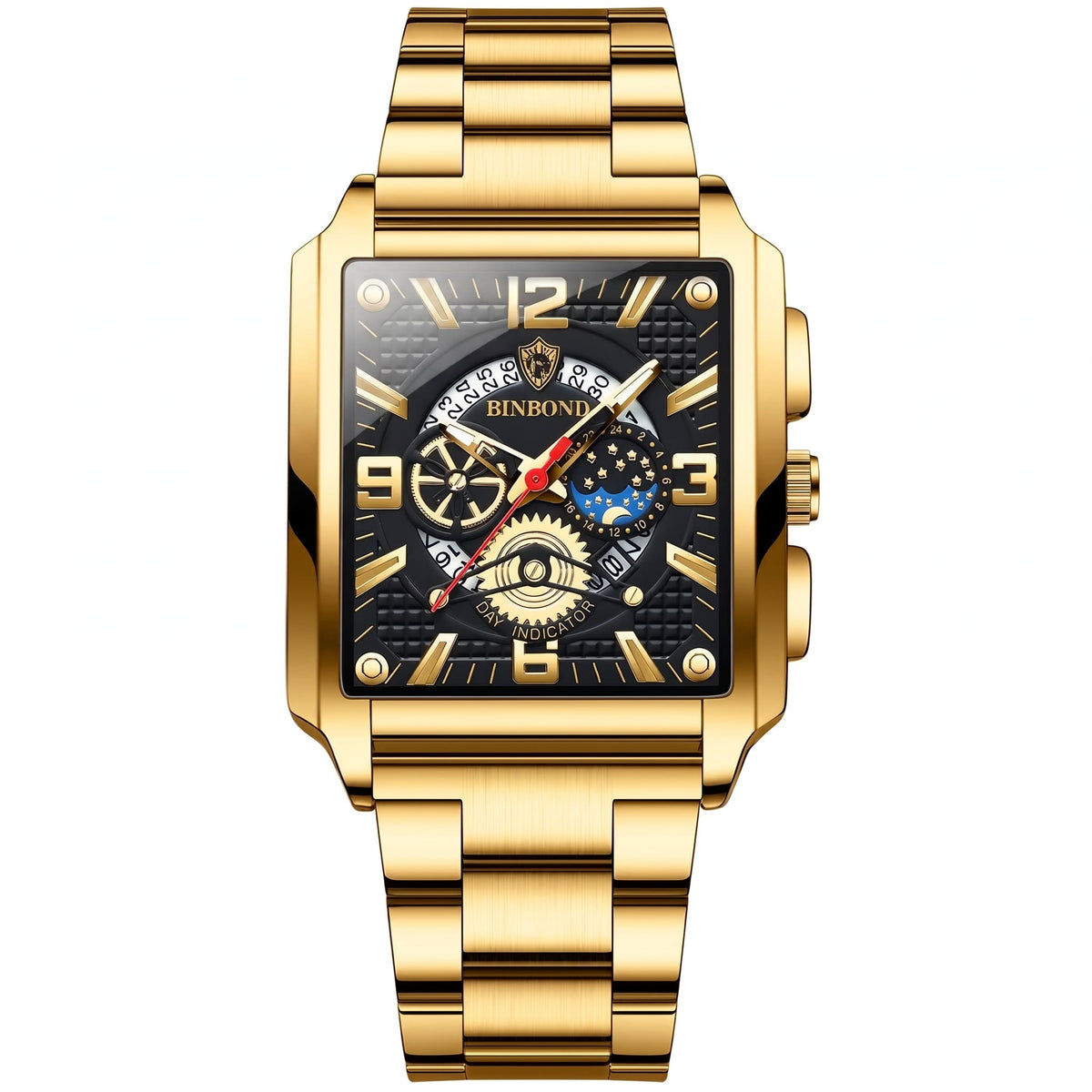 Montre Carrée Multifonctionnelle avec Bracelet en Acier Doré pour Hommes