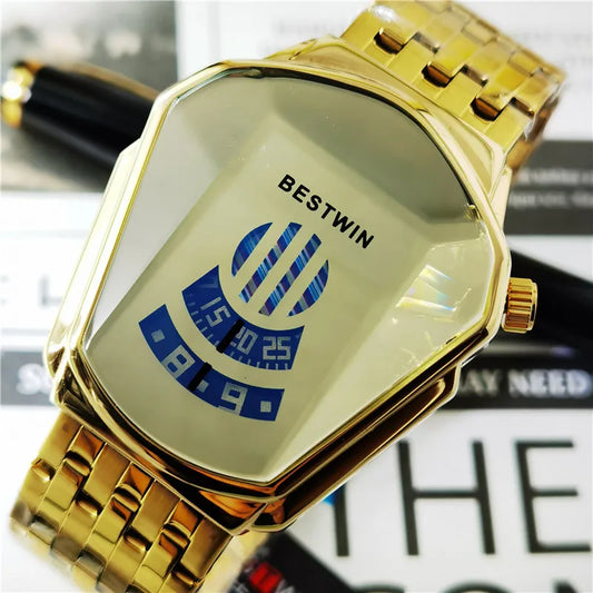 Montre à quartz dorée en acier inoxydable pour hommes