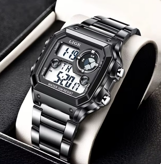 Montre numérique en acier noir pour hommes