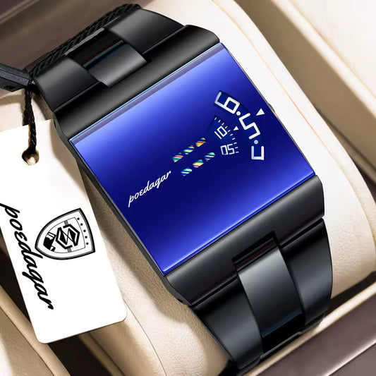 Montre rectangulaire élégante avec Bracelet en Acier Noir Inoxydable pour Hommes