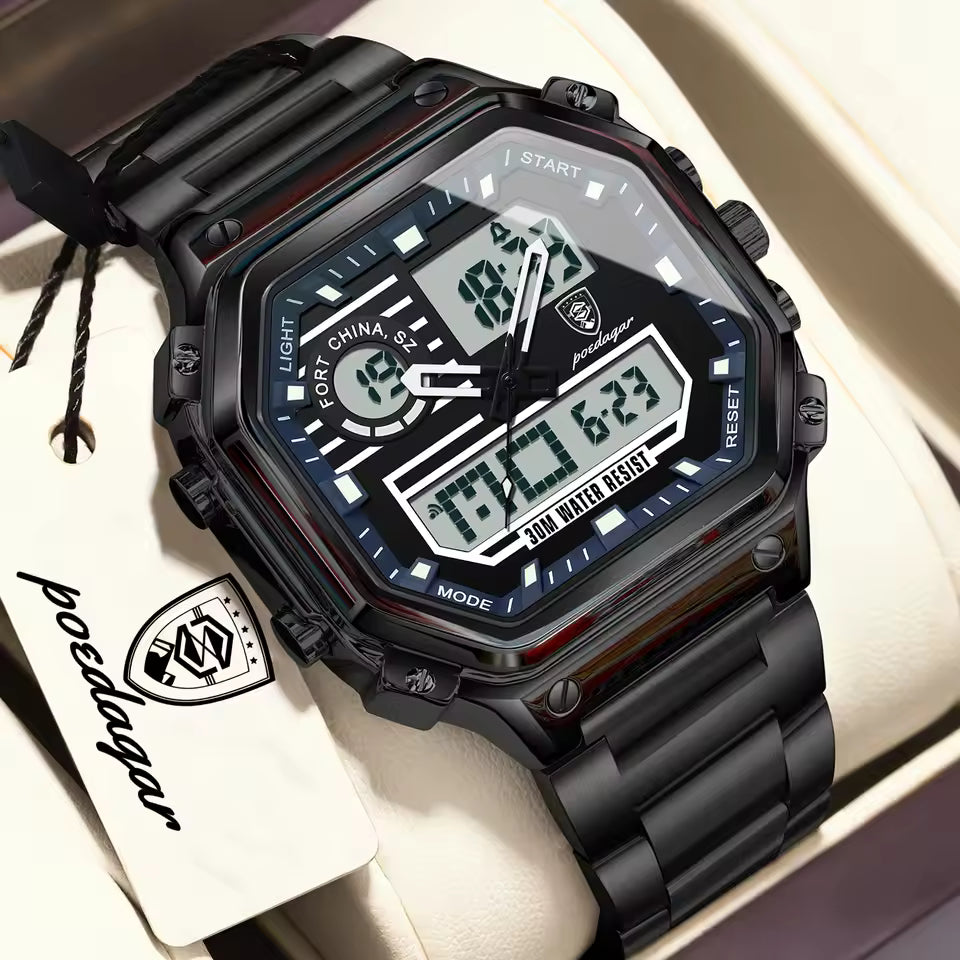 Montre Numérique Premium d'un Design Moderne avec Bracelet en Acier Noir pour Hommes