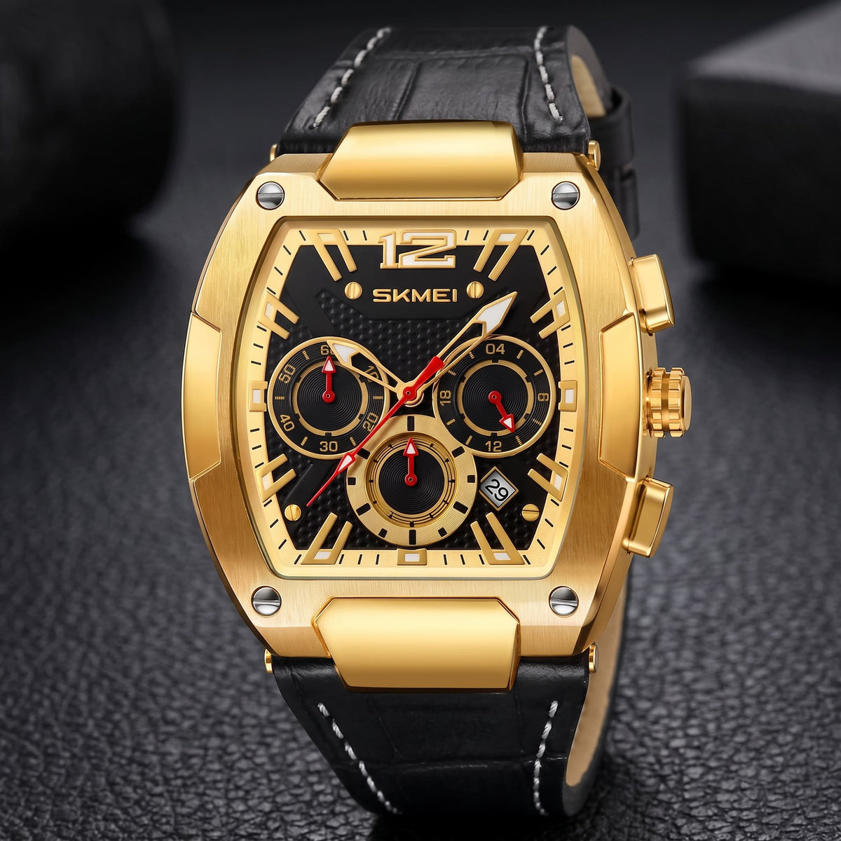 Montre Rectangulaire Élégante et Multifonction avec Bracelet en Cuir pour Hommes