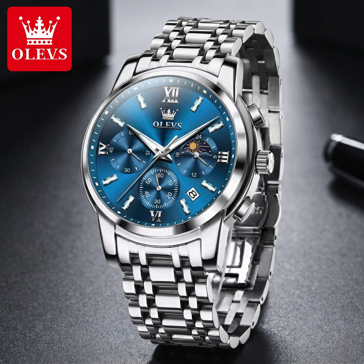 Montre de Luxe avec Cadran Bleu Lumineux et Bracelet en Acier Inoxydable pour Hommes