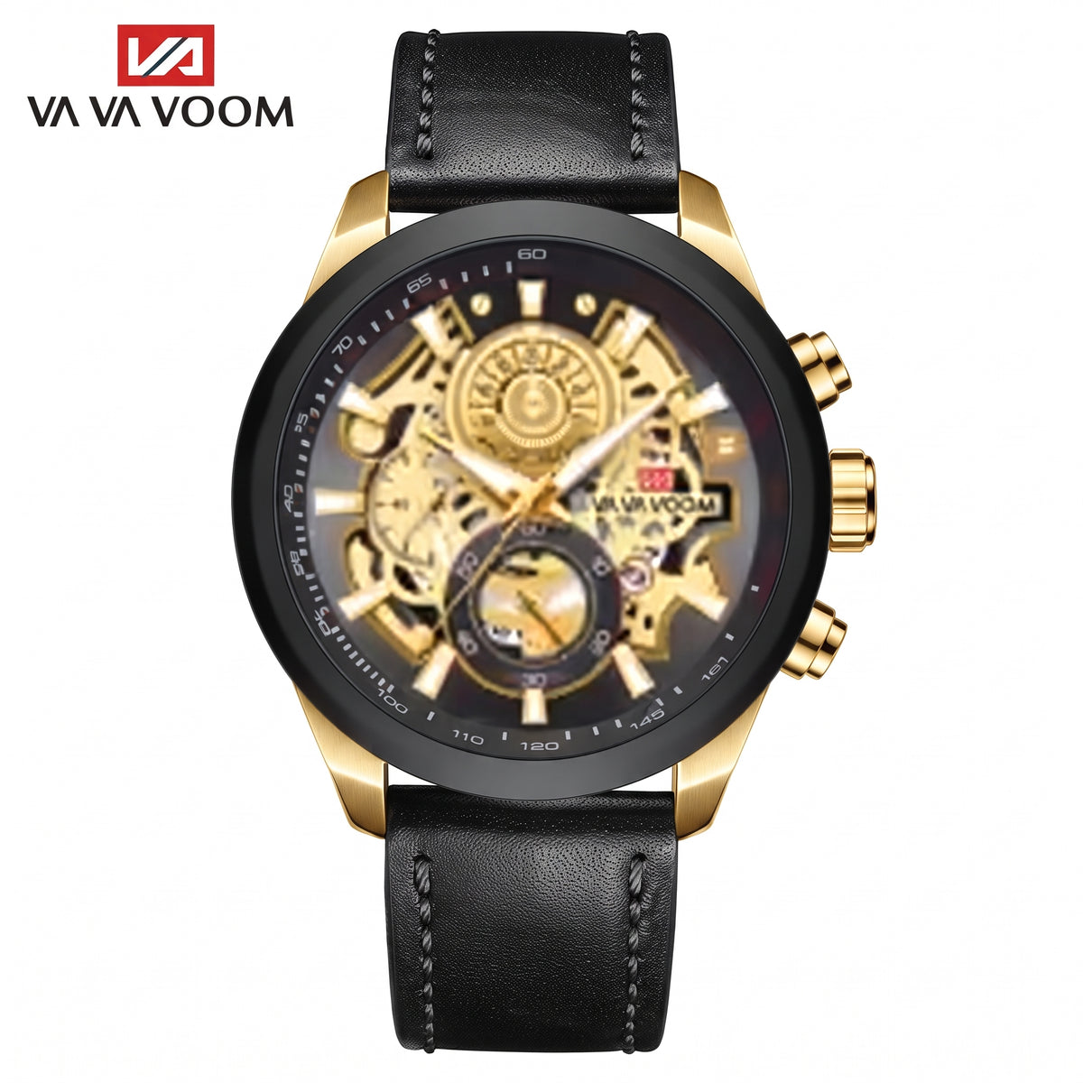 Montre Homme Sophistiquée avec Cadran Ajouré Noir et Doré et Bracelet en Cuir