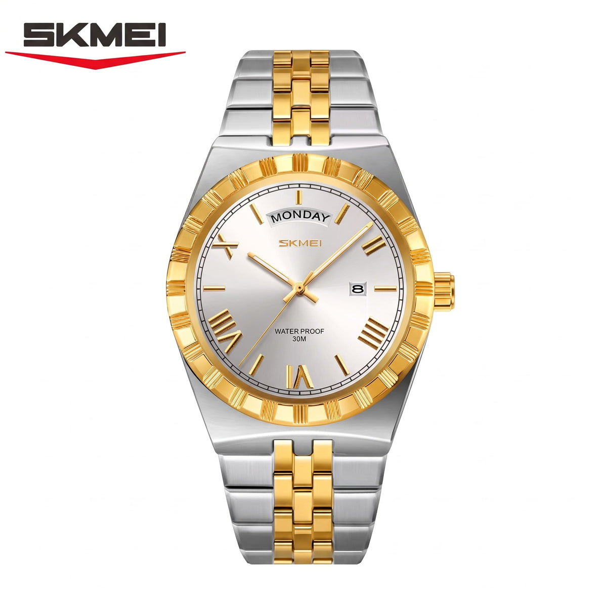 Montre Bicolore avec Cadran Romain et Bracelet en Acier Inoxydable pour Hommes