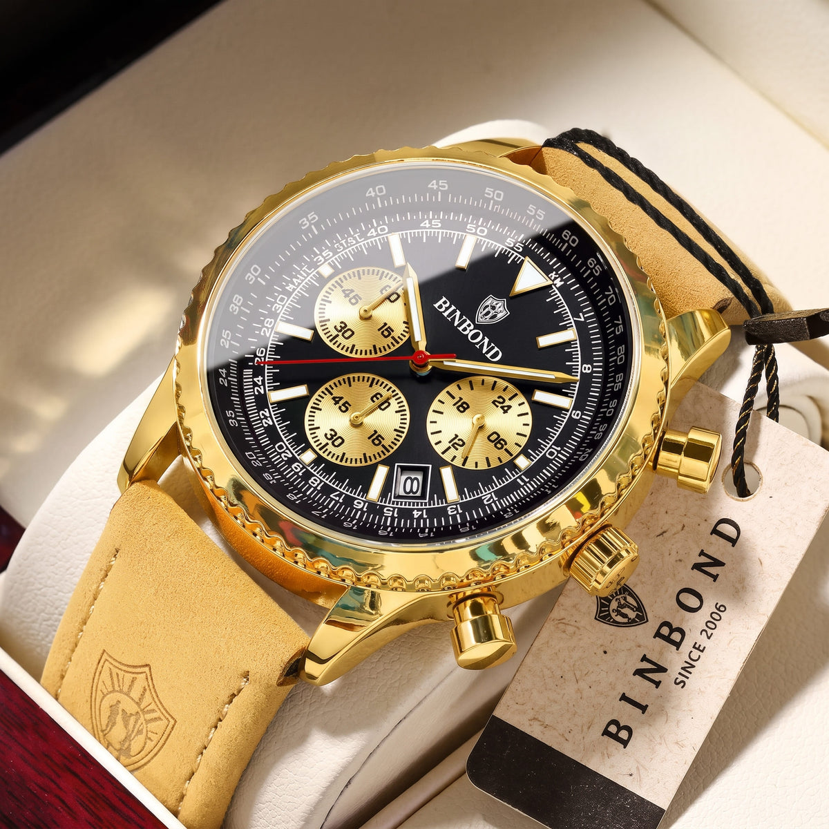 Montre Chronographe Élégante avec Bracelet en Cuir Véritable Beige pour Hommes